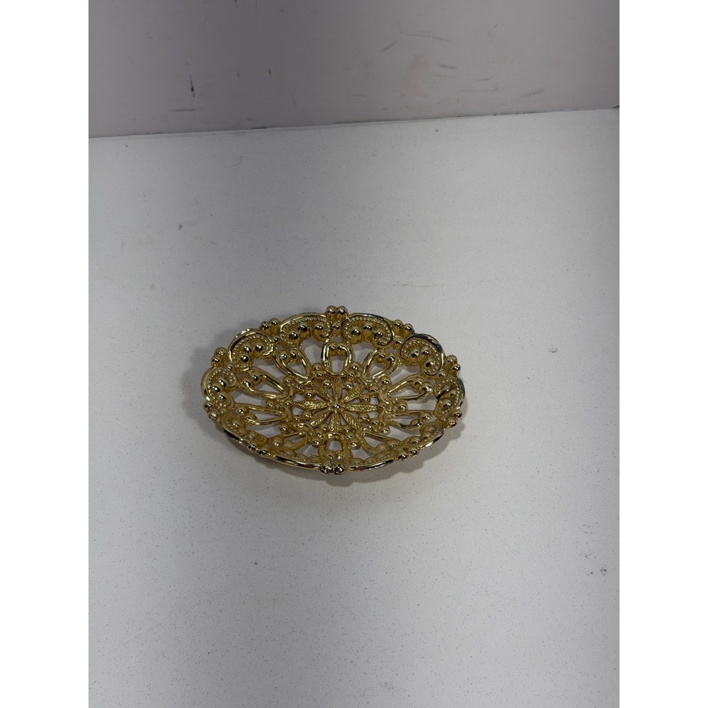 Vintage 1983 American‎ tack howe Gold Filigree Oval Trinket Jewelry Dish Footed